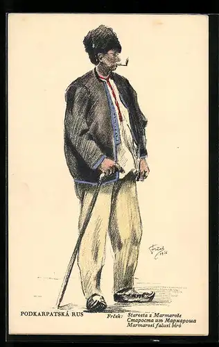 Künstler-AK ukrainischer Mann mit Mütze und Pfeife