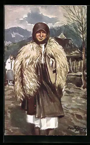 Künstler-AK ukrainische Frau mit Schafsfell über der Schulter