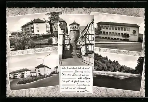 AK Lauterbach /Hessen, Staatl. Textilfachschule, Turm u. Schwimmbad
