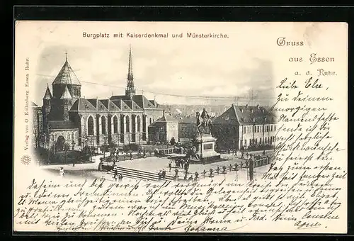 AK Essen a. d. Ruhr, Burgplatz mit Kaiserdenkmal und Münsterkirche