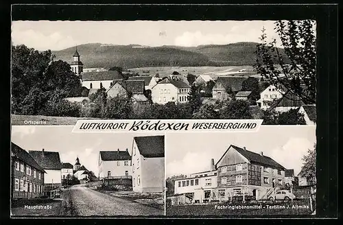 AK Bödexen /Weserbergland, Lebensmittel- und Textiliengeschäft J. Altmiks, Hauptstrasse, Teilansicht