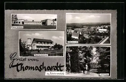 AK Thomashardt im Schurwald, Pension Greiner, Neue Schule, Waldweg mit Reiter