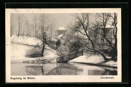 AK Augsburg im Winter, Jakoberwall mit Bäumen im Winter