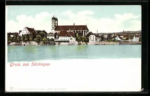 AK Säckingen, Uferpartie mit Kirche