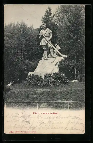 AK Zürich, Ansicht eines Alphornbläsers, Statue