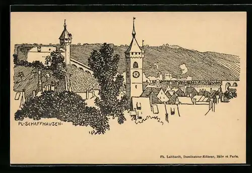 Lithographie Schaffhausen, Ortsansicht mit Türmen