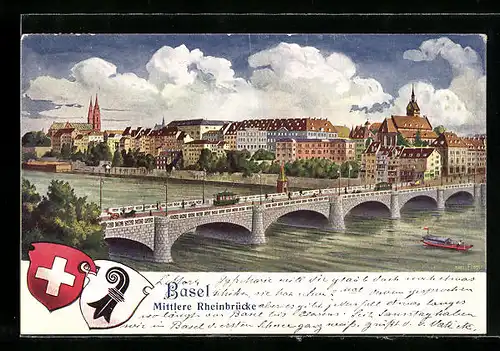 Künstler-AK Basel, Neue mittlere Rheinbrücke mit Strassenbahn, Wappen