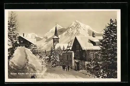 AK Arosa, Kirche mit Furkahörner im Winter