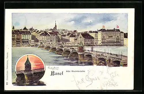 Künstler-AK Basel, Partie an der alten Rheinbrücke