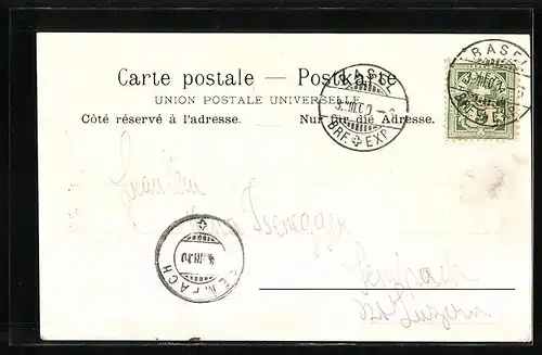 Künstler-AK Basel, Partie an der alten Rheinbrücke