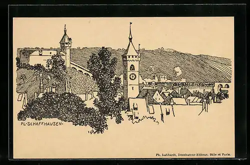 Künstler-AK Schaffhausen, Ortsansicht mit Kirche