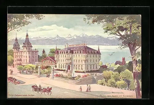 Künstler-AK Neuchatel, Hotel des Alpes et Terminus