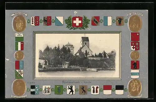 Präge-AK Romanshorn, Kirche, Schweizer Wappen und Gedenkmünzen