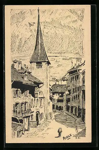 Künstler-AK Aigle, Strassenpartie aus dem Ort
