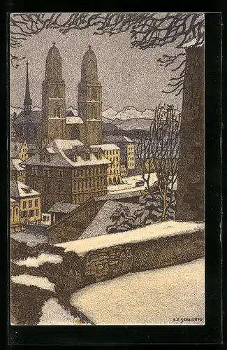 Künstler-AK Ernst E. Schlatter: Zürich, Stadtansicht mit dem Grossmünster im Schnee