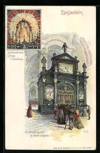 Künstler-AK Einsiedeln, Gläubige in der Gnadenkapelle, Das Gnadenbild