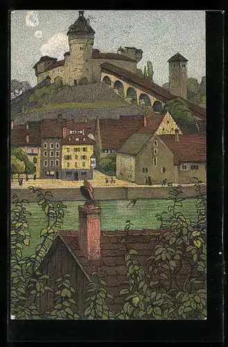 Künstler-AK Ernst E. Schlatter: Munot, von Feuerthalen aus