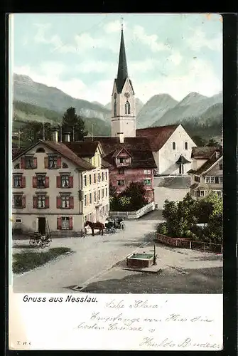 AK Nesslau, Ortspartie mit Blick zur Kirche