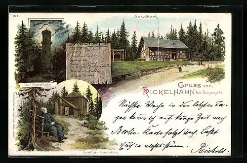 Lithographie Ilmenau, Restaurant Gabelbach, Aussichtsturm Kickelhahn, Goethehäuschen