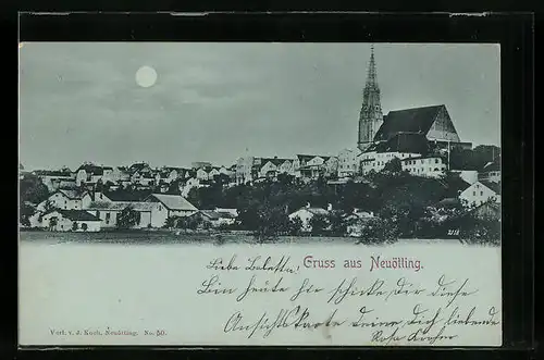 Mondschein-AK Neuötting, Ort im Vollmondlicht