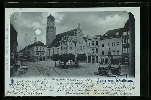 Mondschein-AK Weilheim, Hauptplatz im Vollmondlicht