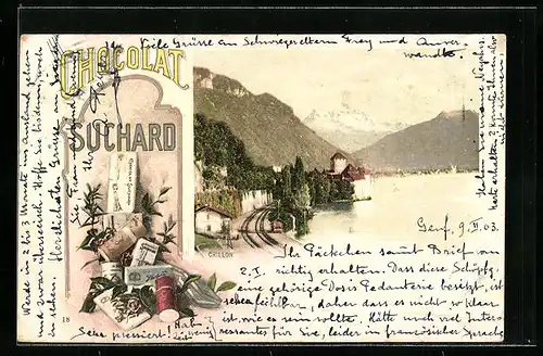 Lithographie Chillon, Ortsansicht mit Bahnschinen, Stilleben mit Suchard-Produkten
