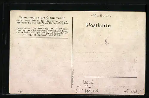 AK Wien, Pfarrkirche zur unbefleckten Empfängnis, Enkplatz, Glockenweihe 1926, Glocken und Priester in der Kirche