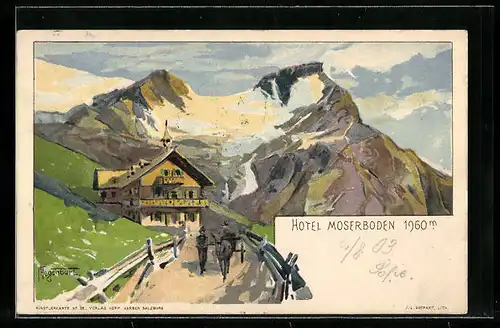 Künstler-Lithographie sign. Hegenbart: Kaprunerthal, Hotel Moserboden, Pferdekutsche