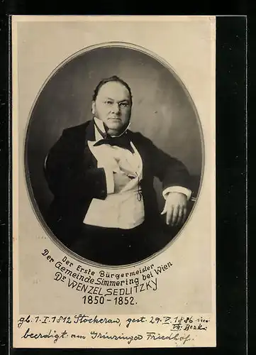 AK Wien-Simmering, Der erste Bürgermeister Dr. Wenzel Sedlitzky 1850-1852