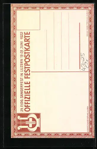 AK Luzern, Eidgenöss. Sängerfest 1922, Harfe mit Lorbeerzweig