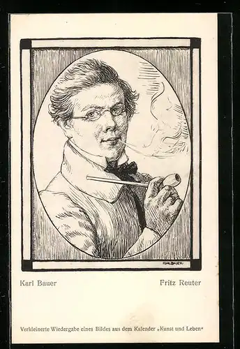 AK Fritz Reuter, Portrait mit Pfeife