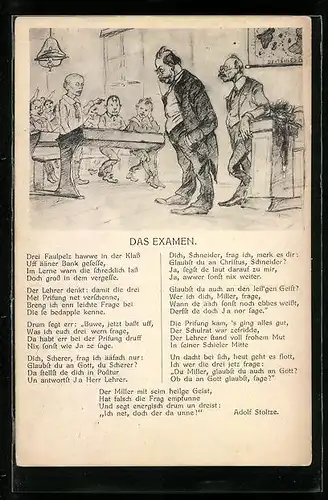 Künstler-AK Das Examen, Gedicht von Adolf Stoltze