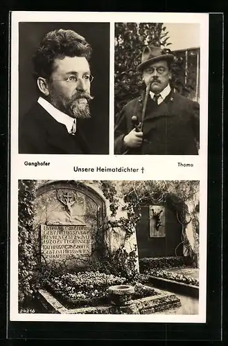 AK Unsere Heimatdichter, Porträts Ludwig Ganghofer & Ludwig Thoma, Grabstätte Ludwig Ganghofer