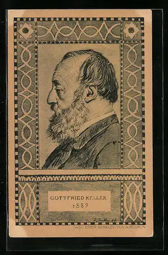 Künstler-AK Schweizer Bundesfeier 1919, Portrait des Dichters Gottfried Keller in der Profilansicht