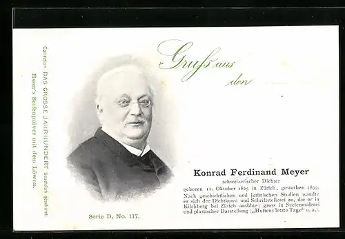 AK Bildnis von Konrad Ferdinand Meyer, Schweizerischer Dichter, 1825-1899