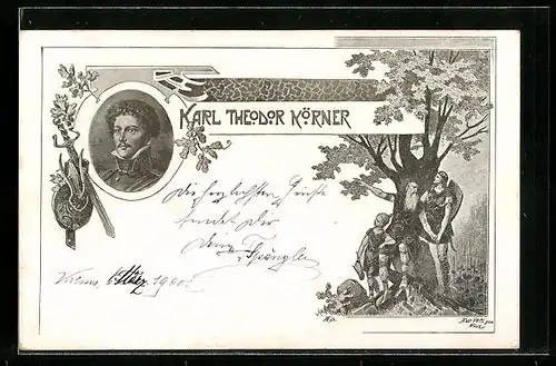 Künstler-AK Karl Theodor Körner, Porträt, Zwei Männer und ein Junge unter einem Baum