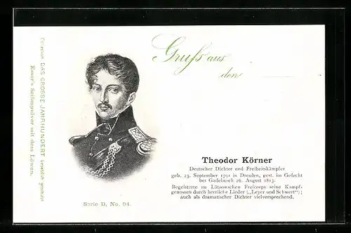 AK Theodor Körner, Deutscher Dichter und Freiheitskämfer, 1791-1813