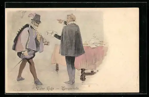 Künstler-AK Victor Hugo und Torquemada beim Treffen an der Kaffeetafel