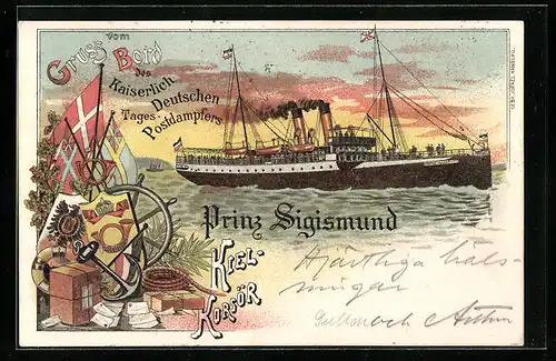 Lithographie Postdampfer Prinz Waldemar, Kiel-Korsör, Post