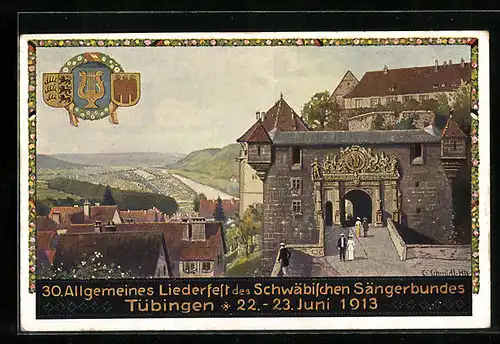 Künstler-AK Tübingen, 30. Allgem. Liederfest des Schwaäbischen Sängerbundes 1913, Burgtor, Wappen