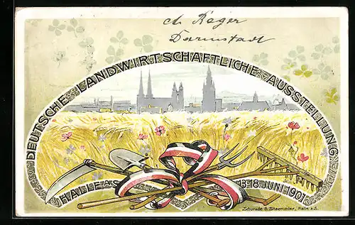 Künstler-AK Halle a. S., Deutsche Landwirtschaftliche Ausstellung 1901, Teilansicht mit Kirche und Feld