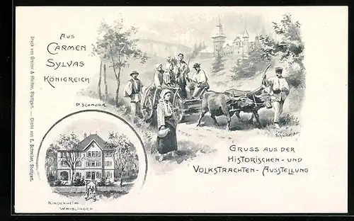 Künstler-AK Waiblingen, Historische- und Volkstrachten-Ausstellung, Kinderheim, Bauern mit Ochsengespann