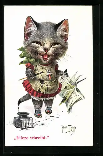 Künstler-AK Arthur Thiele: Kleine Katze kleckst mit Tinte in ihr Schreibheft, vermenschlichte Tiere