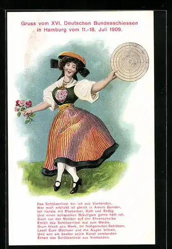 Künstler-AK Hamburg, XVI. Bundesschiessen 1909, Trachtenträgerin mit Zielscheibe