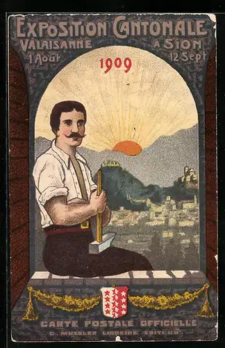 AK Sion, Exposition Cantonale Valaissane 1909, Arbeiter mit Hammer