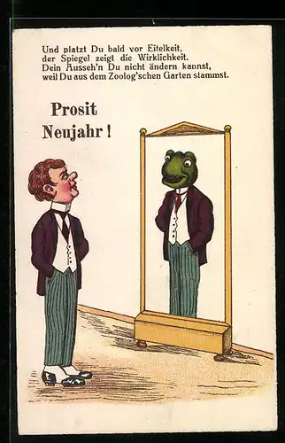Künstler-AK Prosit Neujahr!, Und platzt Du bald vor Eitelkeit ..., vermenschlichte Tiere, Frosch