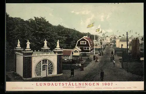AK Lund, Ausstellung 1907, Ausstellungsgelände mit Strasse und Passanten