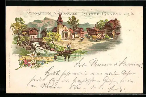 Lithographie Genéve, Exposition Nationale Suisse 1896, village suisse