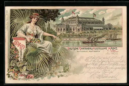 Lithographie Mainz, Deutsche Gartenbau-Ausstellung 1901, Ausstellungsgebäude