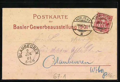 Lithographie Basel, Gewerbe-Ausstellung 1901, Wirtschaftsgebäude mit Besuchern